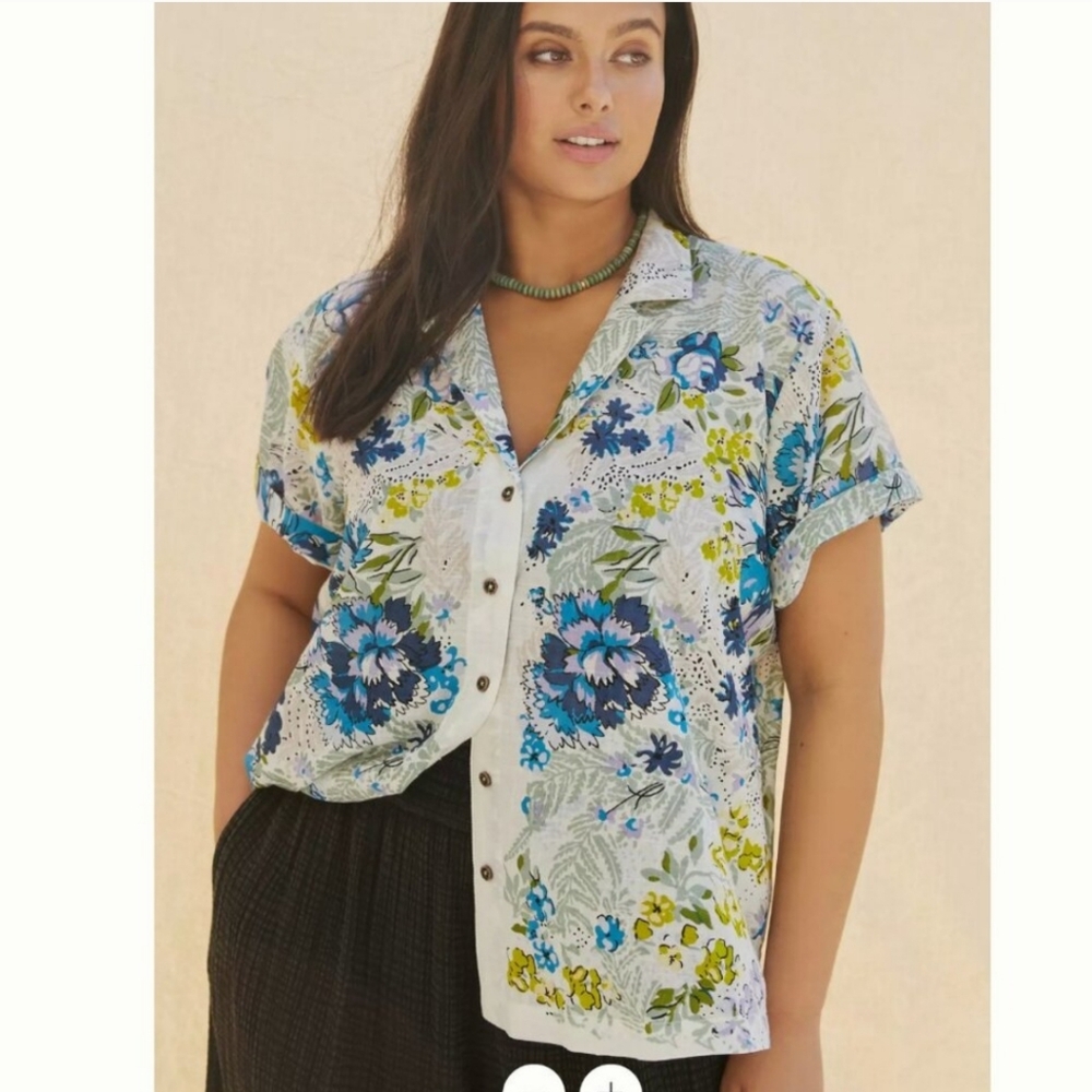 Anthropologie Printed Surf Floral Shirt In Blue Motif Size Small